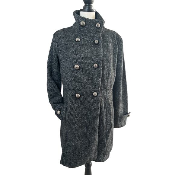 Vince Camuto Tweed Wool Gray/Black Peacoat Women's L Double-Breasted Outerwear - Picture 1 of 13